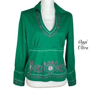 Oggi Ultra Green Pink Flower Embroidered Sequin Embellished V Neck Blouse